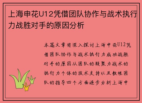 上海申花U12凭借团队协作与战术执行力战胜对手的原因分析